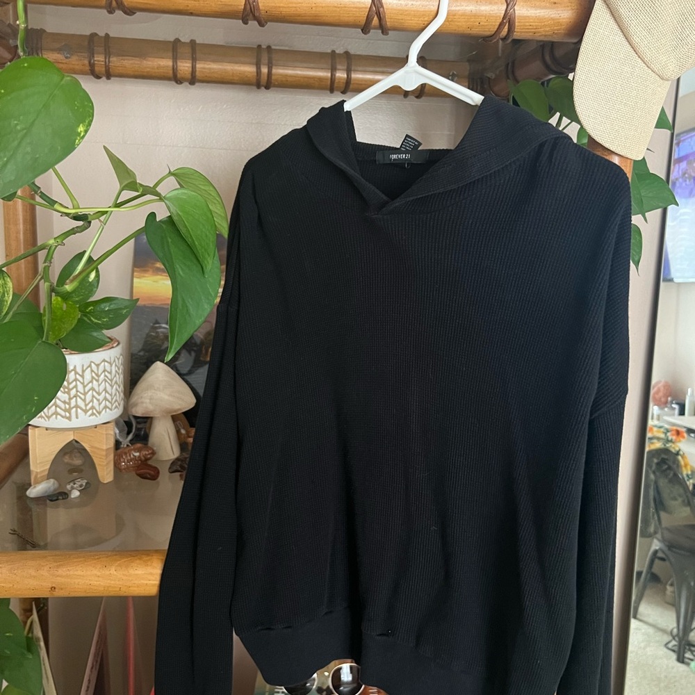 Black waffle hooded top